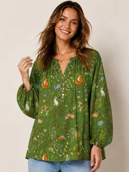 Whimsical Woodland Animals Print Boho Long Sleeve Tie‑Neck Blouse