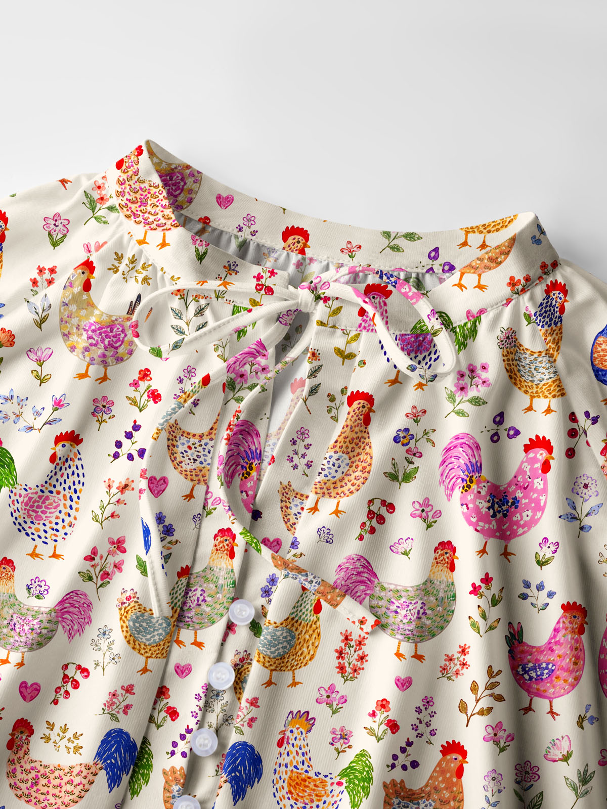 Colorful Farm Chickens Print Boho Long Sleeve Tie‑Neck Blouse