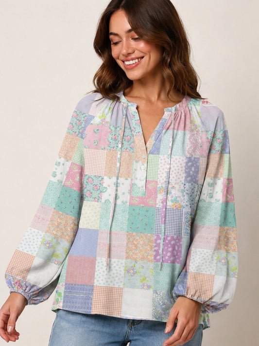 Vintage Quilt Patchwor Print Boho Long Sleeve Tie‑Neck Blouse