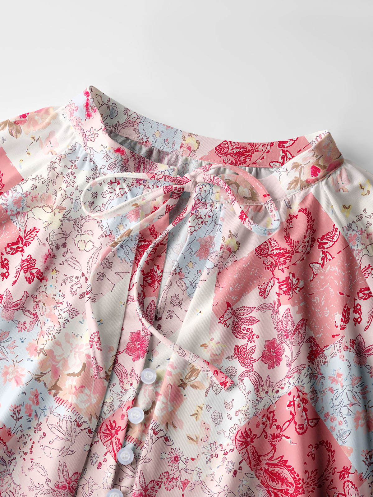 Shabby Chic Floral Patchwork Print Boho Long Sleeve Tie‑Neck Blouse