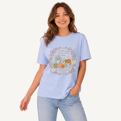 Vintage Floral Knitting Circle Print Crew Neck Cotton Tee