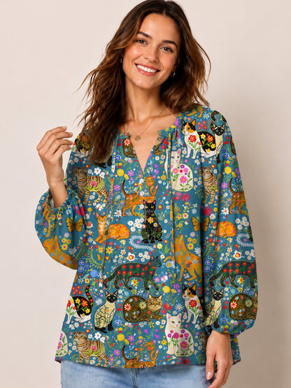 Colorful Garden Cat Pattern Print Boho Long Sleeve Tie‑Neck Blouse