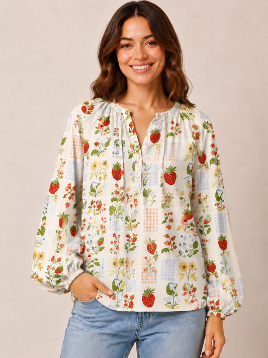 Strawberry Garden Patchwork Print Boho Long Sleeve Tie‑Neck Blouse