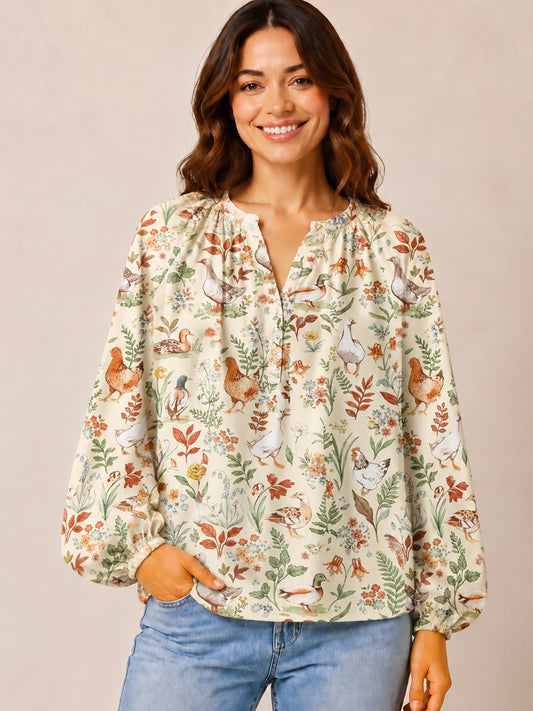 Countryside Garden Critter Print Boho Long Sleeve Tie‑Neck Blouse