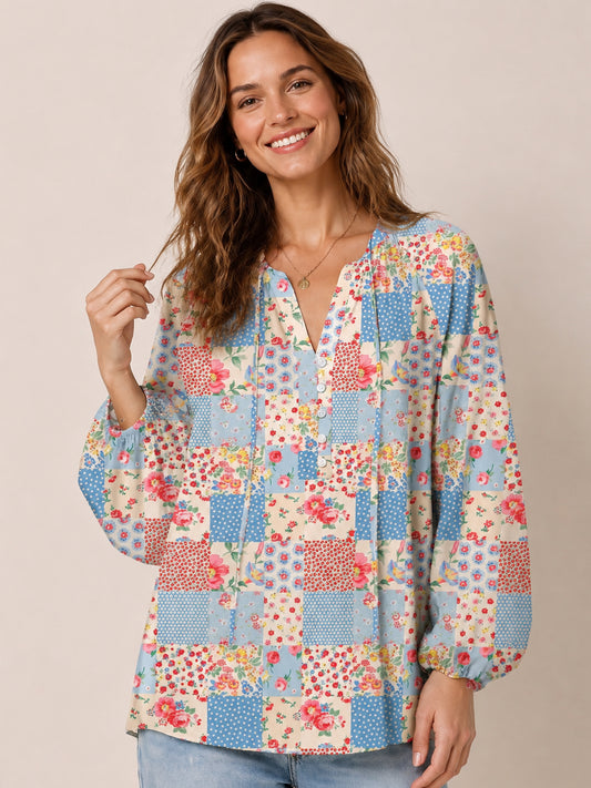 Square Neck Pastel Patc Print Boho Long Sleeve Tie‑Neck Blouse