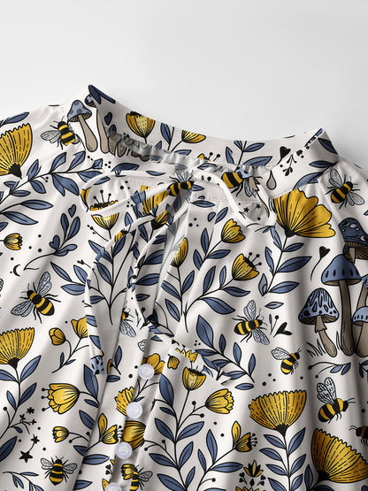 Bee Whisper Forest Print Boho Long Sleeve Tie‑Neck Blouse