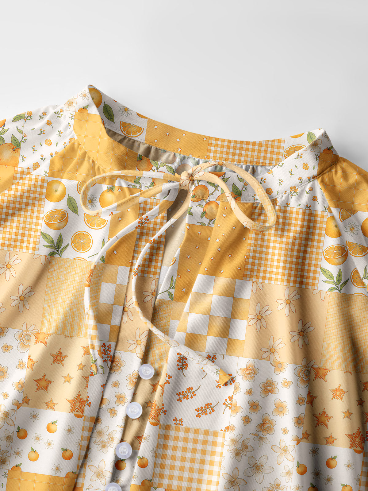 Lemon Sunshine Patchwork Print Boho Long Sleeve Tie‑Neck Blouse