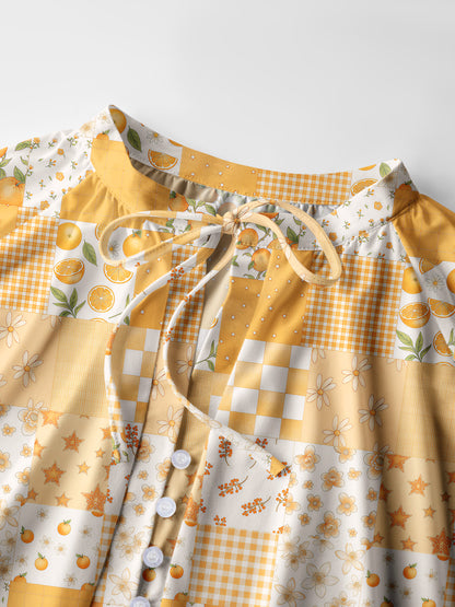 Lemon Sunshine Patchwork Print Boho Long Sleeve Tie‑Neck Blouse