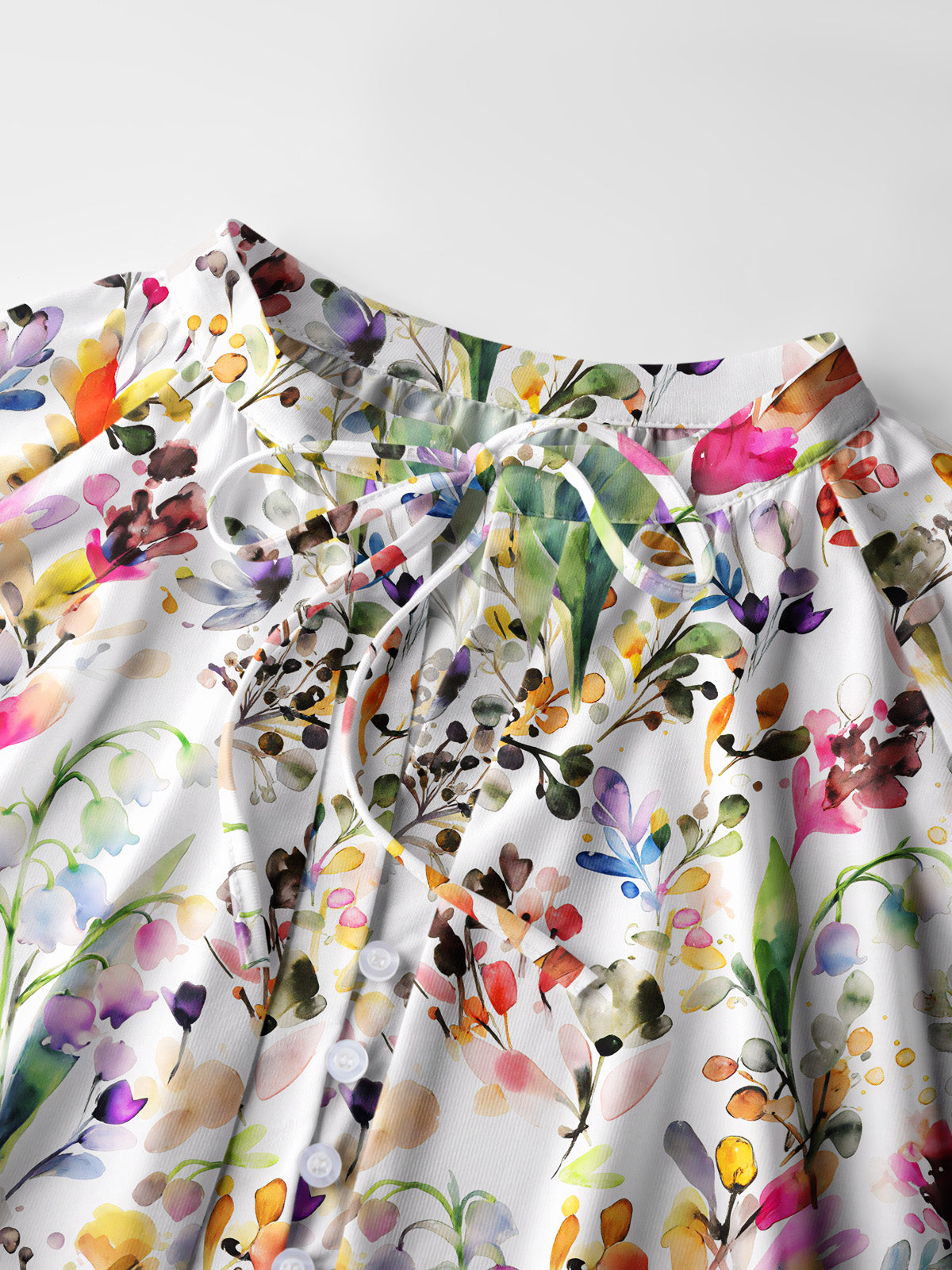 Watercolor Wildflower Print Boho Long Sleeve Tie‑Neck Blouse