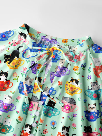 Cute Teacup Kitten Print Boho Long Sleeve Tie‑Neck Blouse