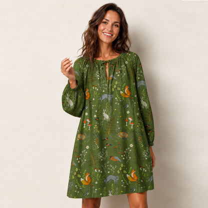 Whimsical Woodland Animals Print Boho Tie‑Neck Smock Mini Dress