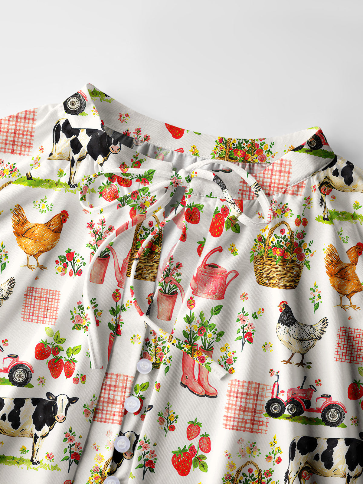 Watercolor Pink Farm Chicken Cow Print Boho Long Sleeve Tie‑Neck Blouse
