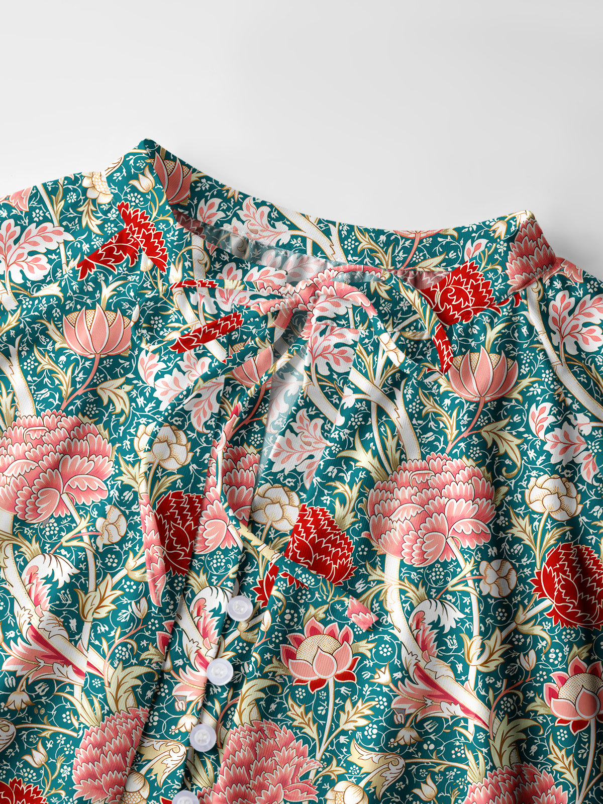 Vintage Peony Lotus Floral Print Boho Long Sleeve Tie‑Neck Blouse