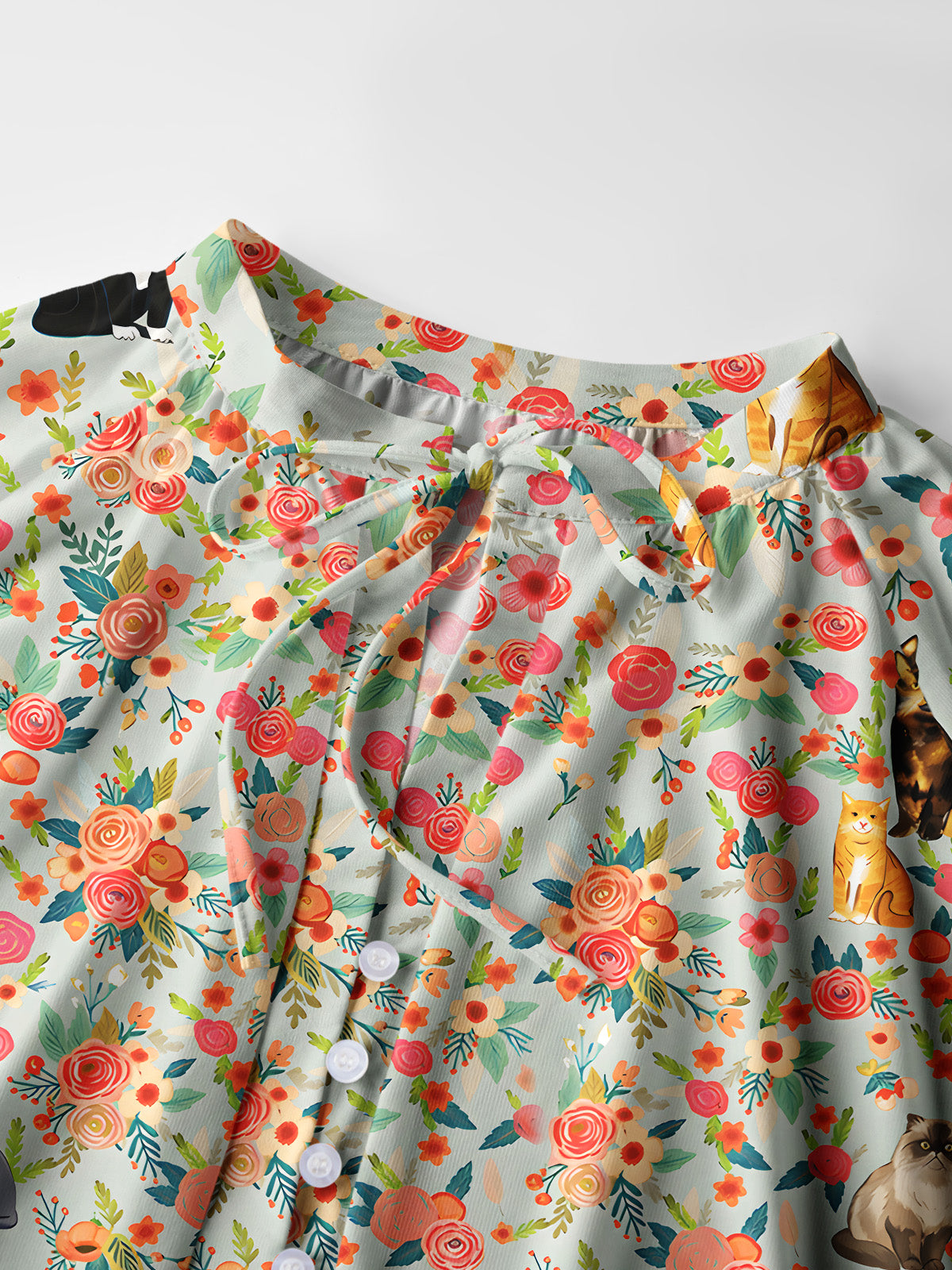 Flower Cat Print Boho Long Sleeve Tie‑Neck Blouse
