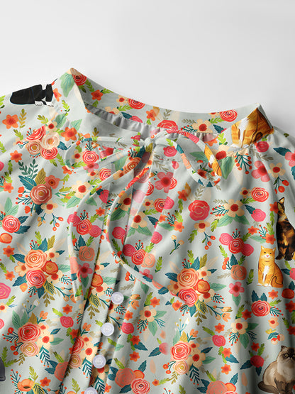 Flower Cat Print Boho Long Sleeve Tie‑Neck Blouse