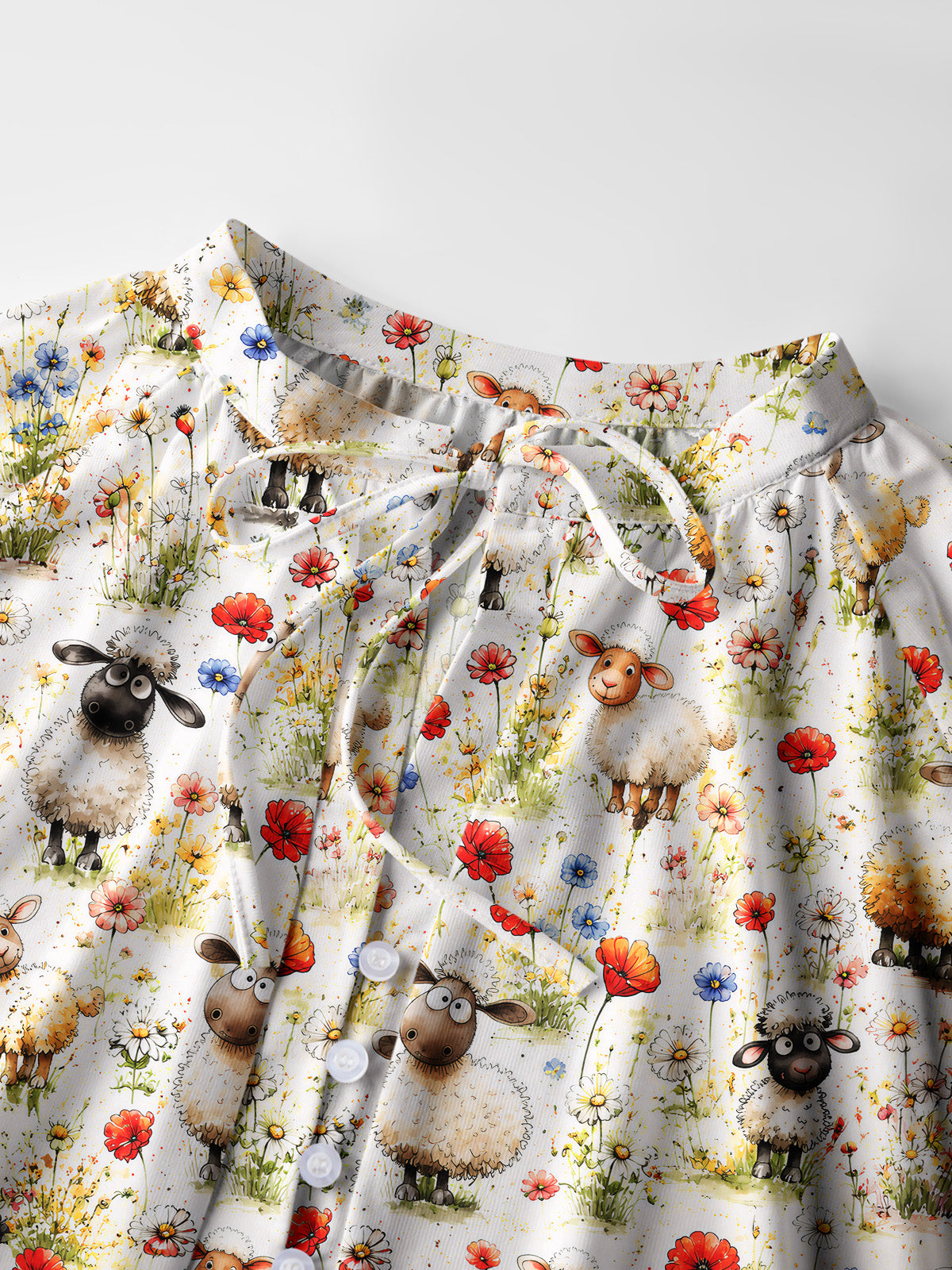 Whimsical Sheep Clipart Print Boho Long Sleeve Tie‑Neck Blouse