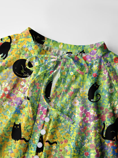 Wildflower Garden Black Cat Print Boho Long Sleeve Tie‑Neck Blouse