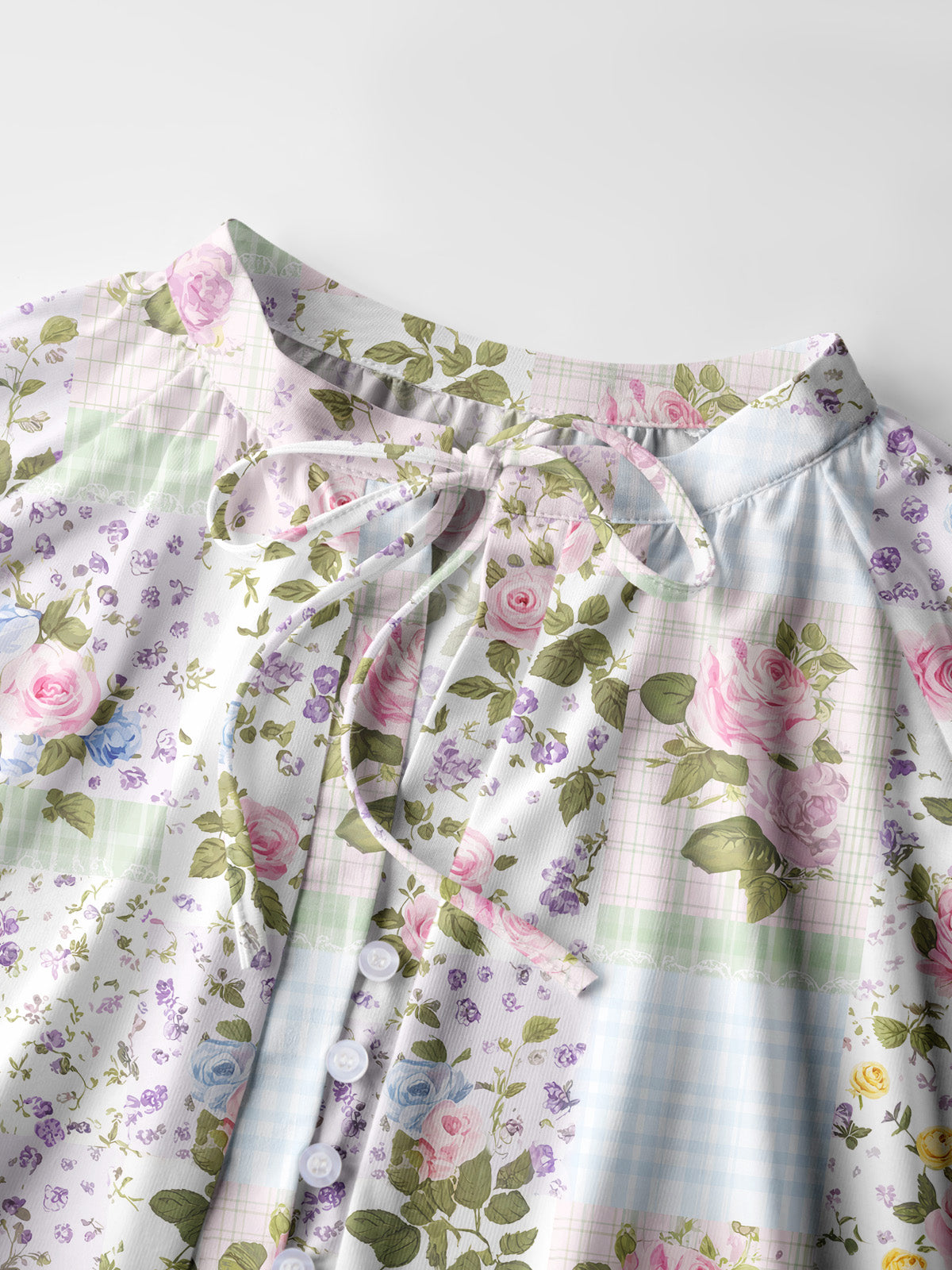 Pastel Rose Patchwok Print Boho Long Sleeve Tie‑Neck Blouse