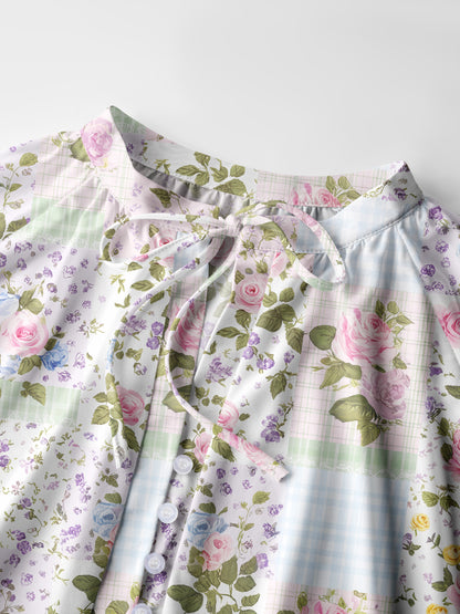 Pastel Rose Patchwok Print Boho Long Sleeve Tie‑Neck Blouse