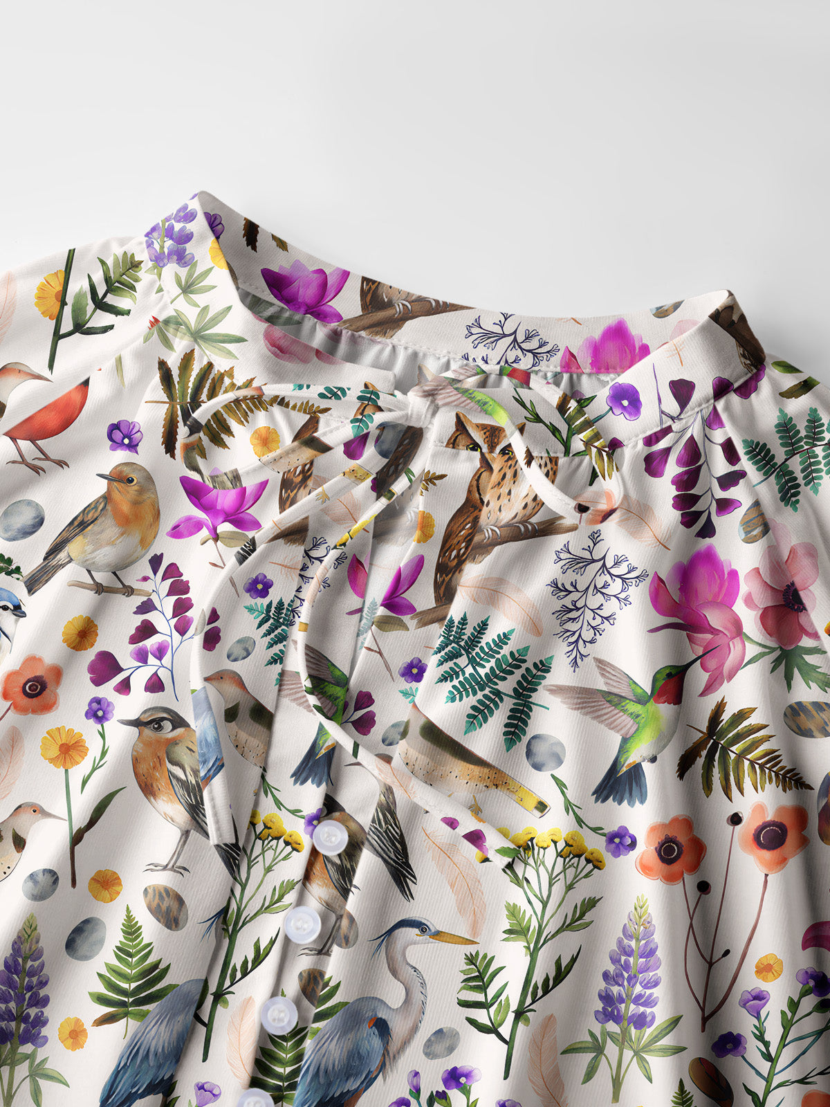 Whimsical Woodland Birds Wildflowers Print Boho Long Sleeve Tie‑Neck Blouse