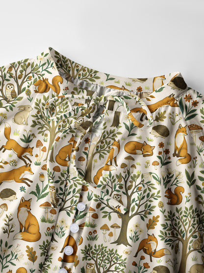 Woodland Creatures Print Boho Long Sleeve Tie‑Neck Blouse