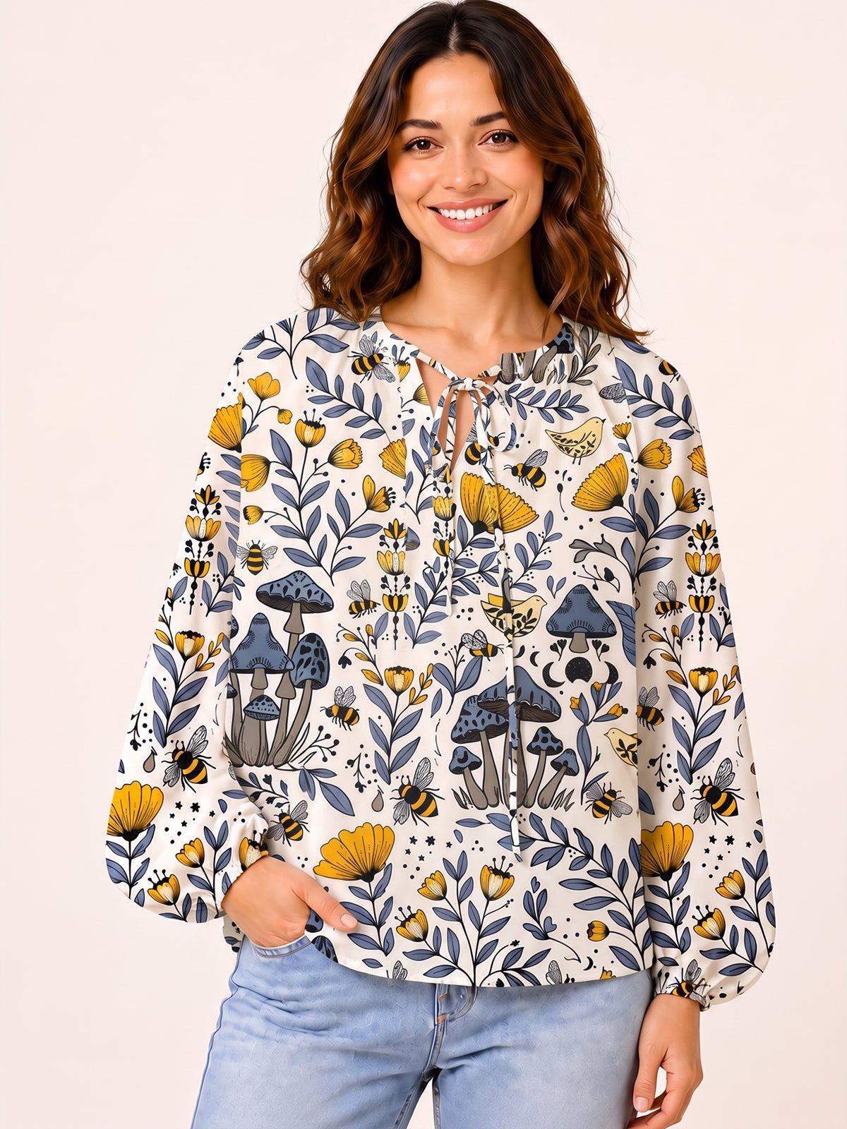 Bee Whisper Forest Print Boho Long Sleeve Tie‑Neck Blouse