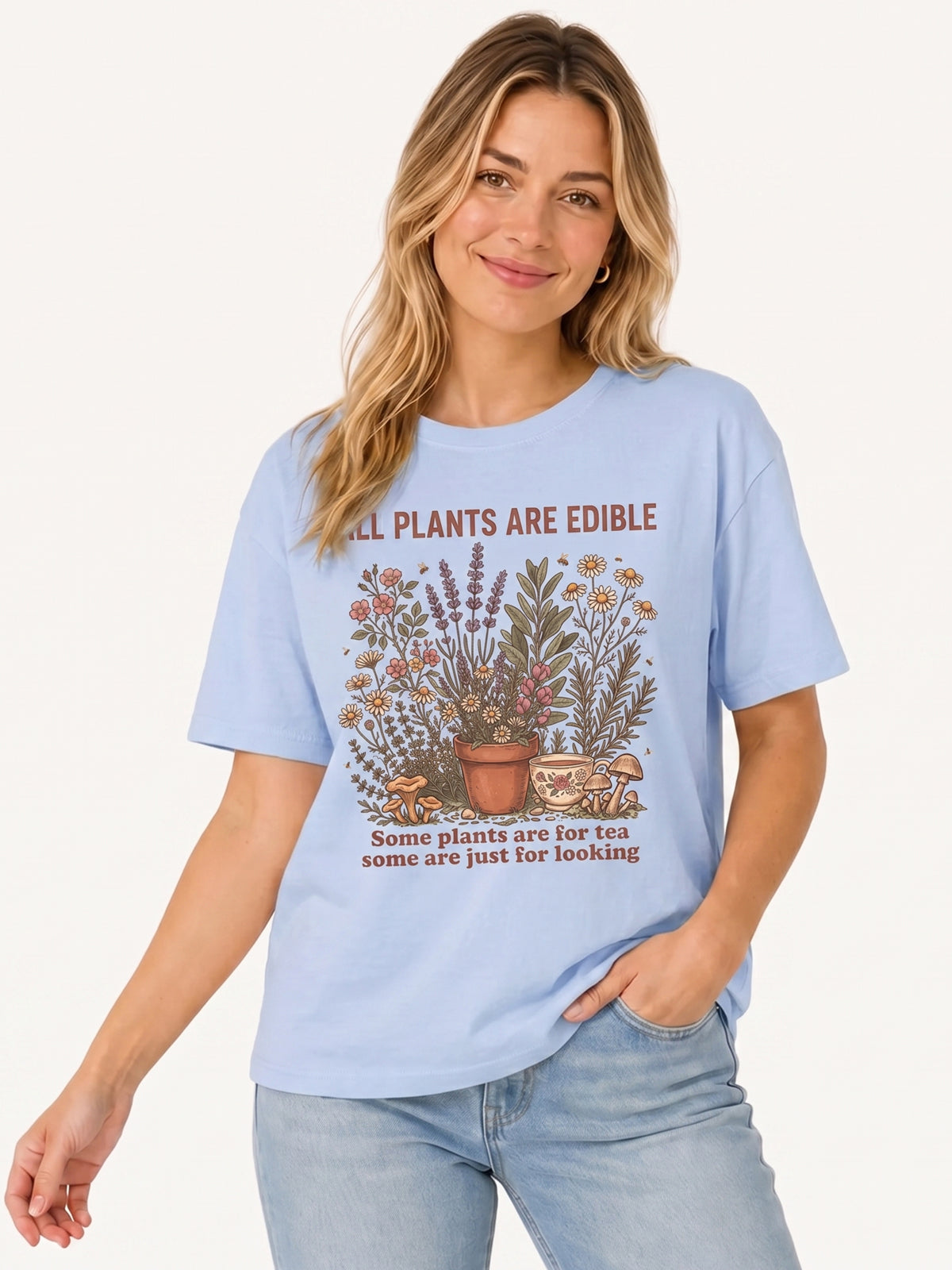 All Plants Are Edible Print Crew Neck Cotton Tee