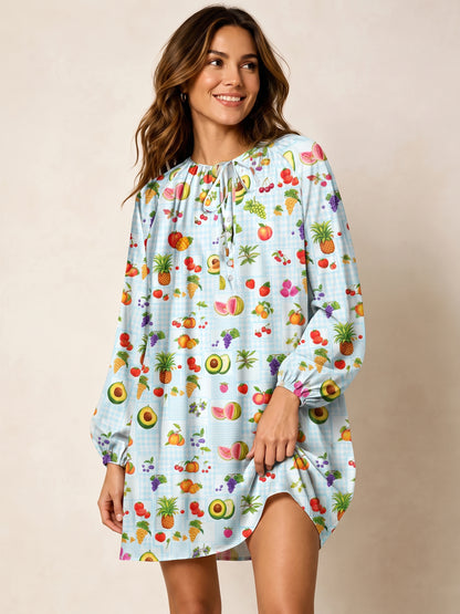 Tropical Fruit Party Print Boho Long Sleeve Tie‑Neck Smock Mini Dress