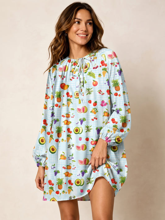 Tropical Fruit Party Print Boho Long Sleeve Tie‑Neck Smock Mini Dress