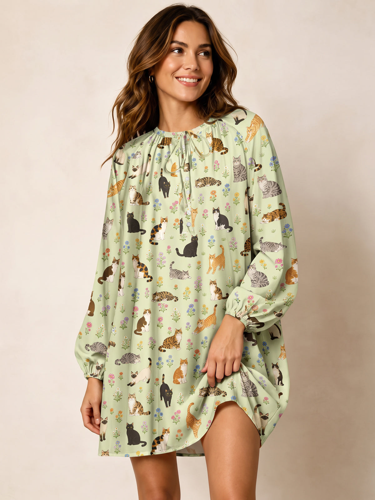 Spring Meadow Garden Kitty Print Boho Long Sleeve Tie‑Neck Smock Mini Dress