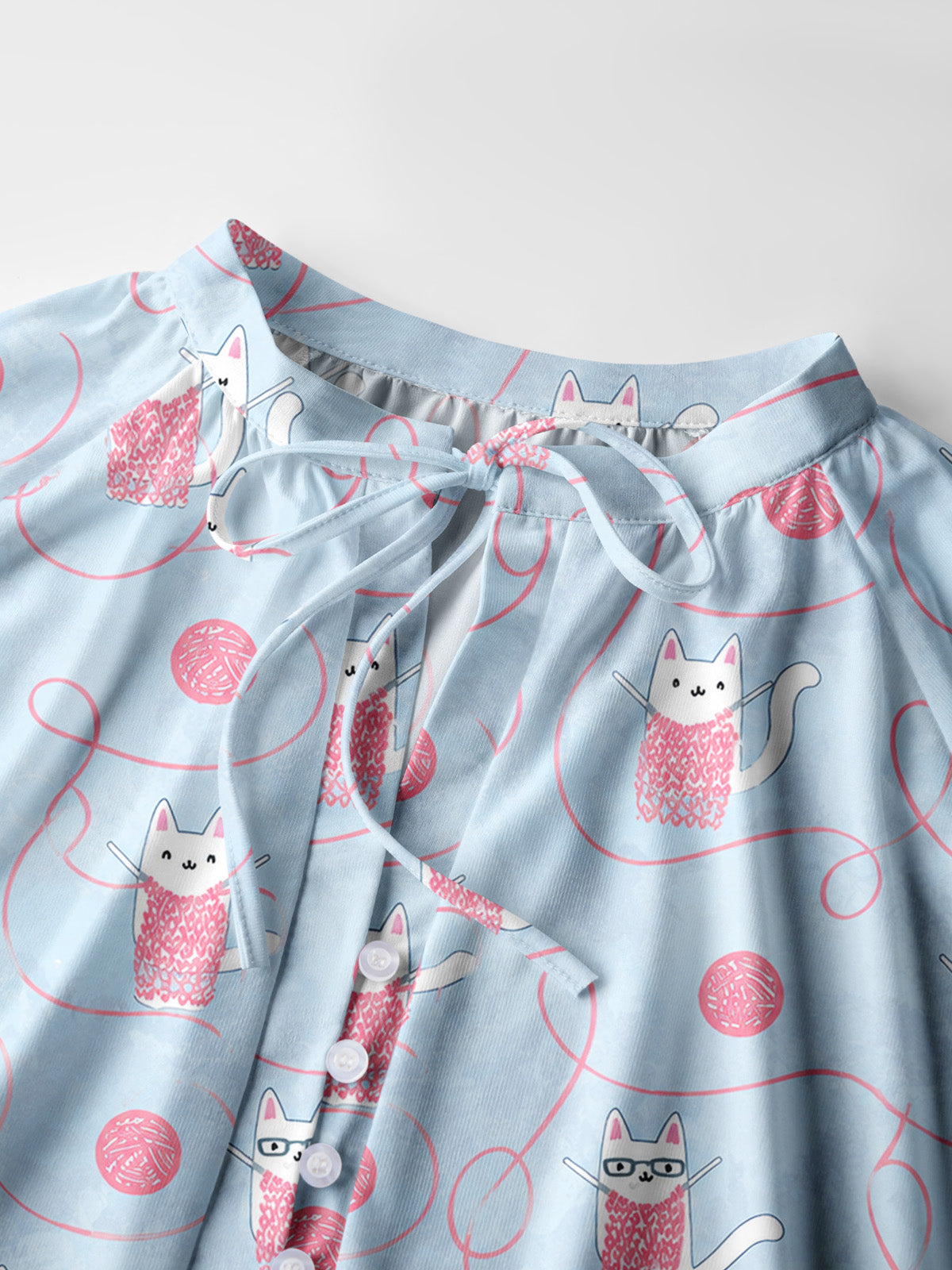 Cozy Yarn Basket Cat Print Boho Long Sleeve Tie‑Neck Blouse