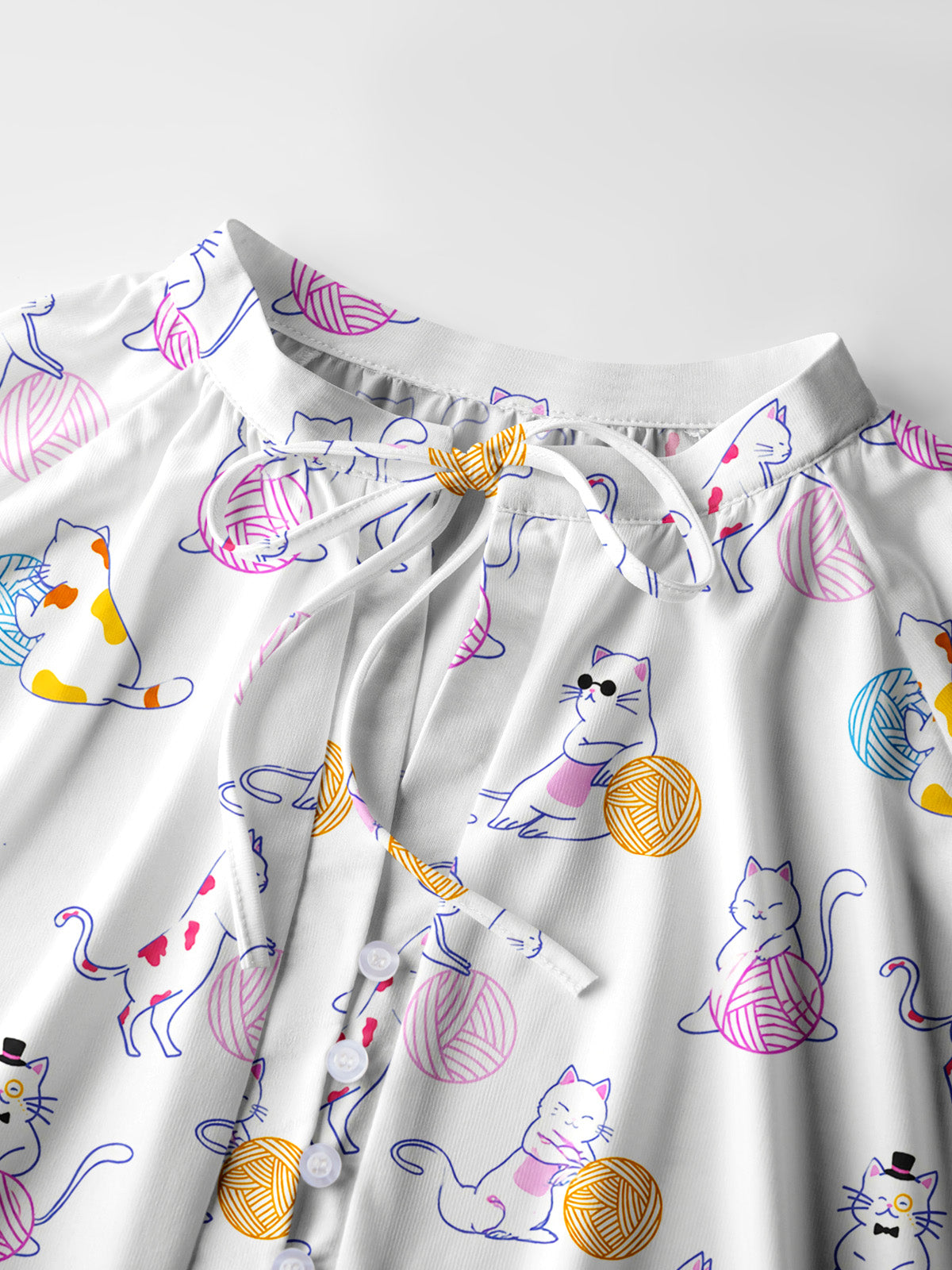 Color Yarn Garden Cat Print Boho Long Sleeve Tie‑Neck Blouse