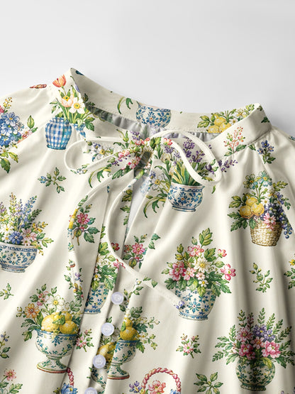 Garden Baskets Print Boho Long Sleeve Tie‑Neck Blouse