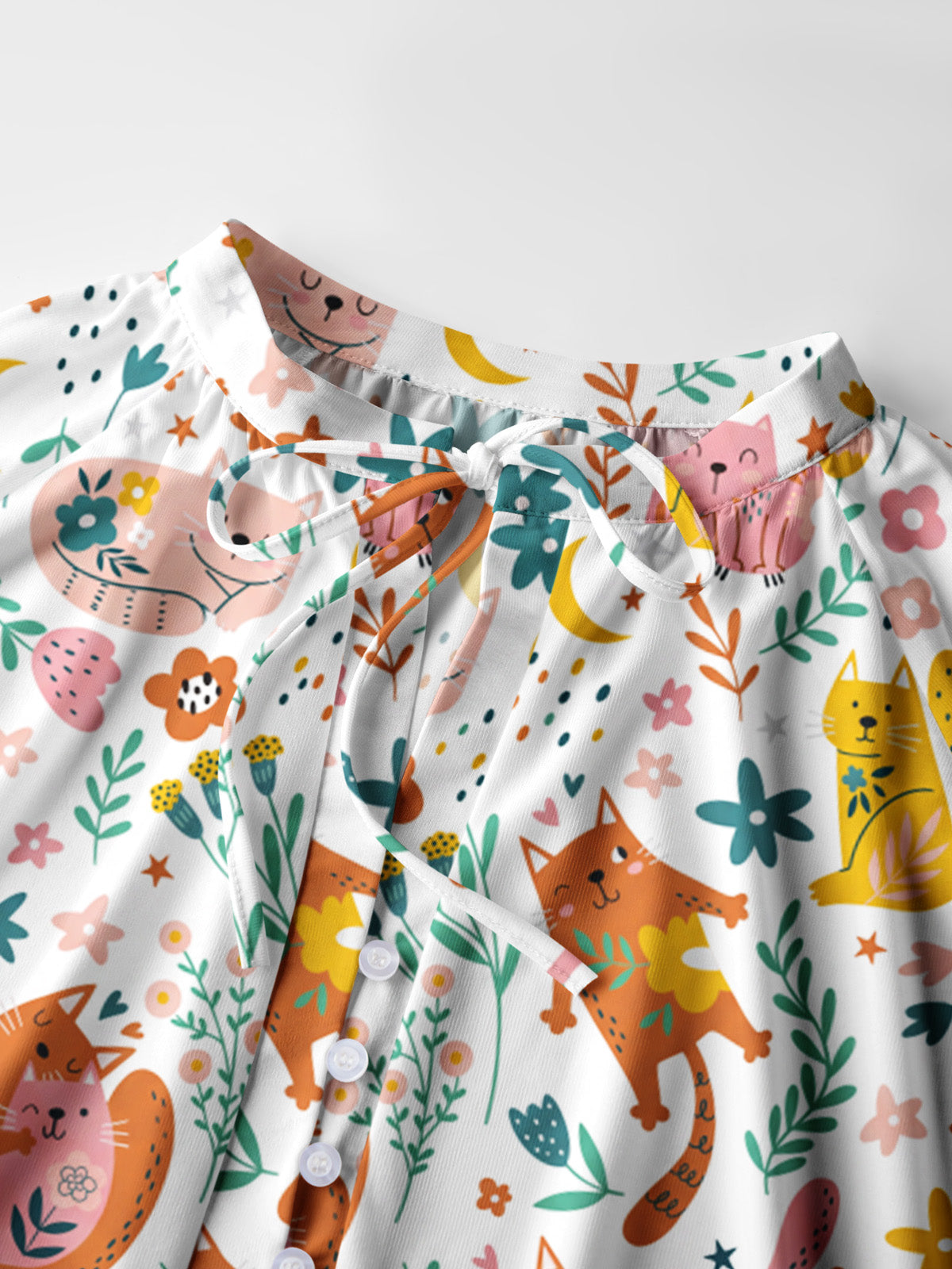 Floral Cozy Cat Print Boho Long Sleeve Tie‑Neck Blouse