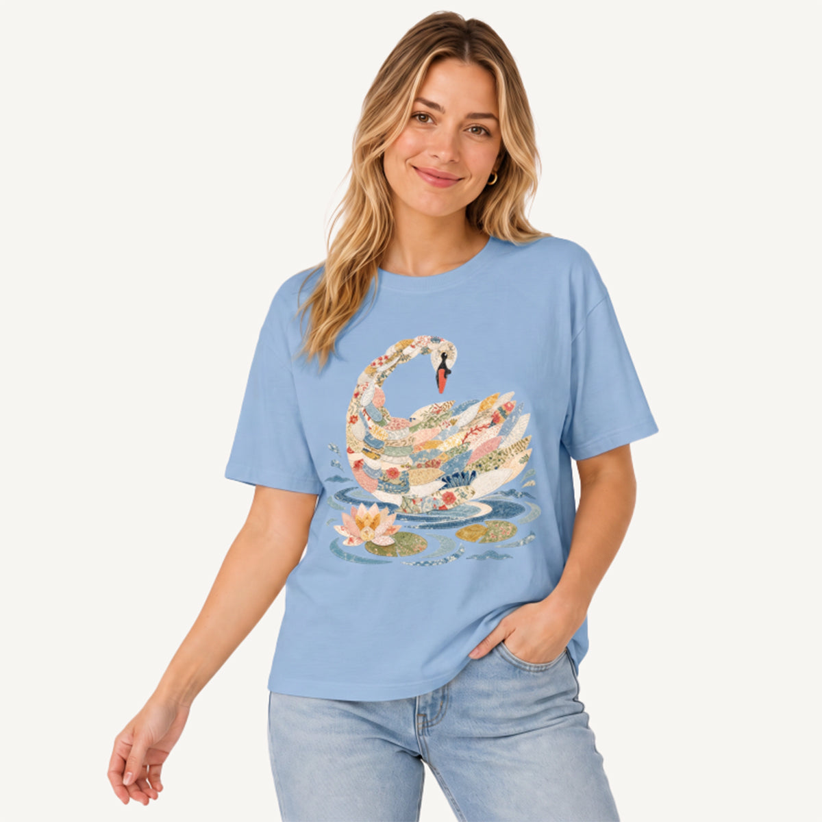 Patchwork Swan Garden Print Crew Neck Cotton Tee