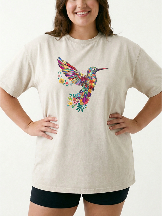 Vintage Floral Hummingbird Washed T-Shirt