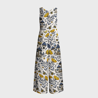 Bee Whisper Forest Print Boho Jumpsuit with Pockets for Women