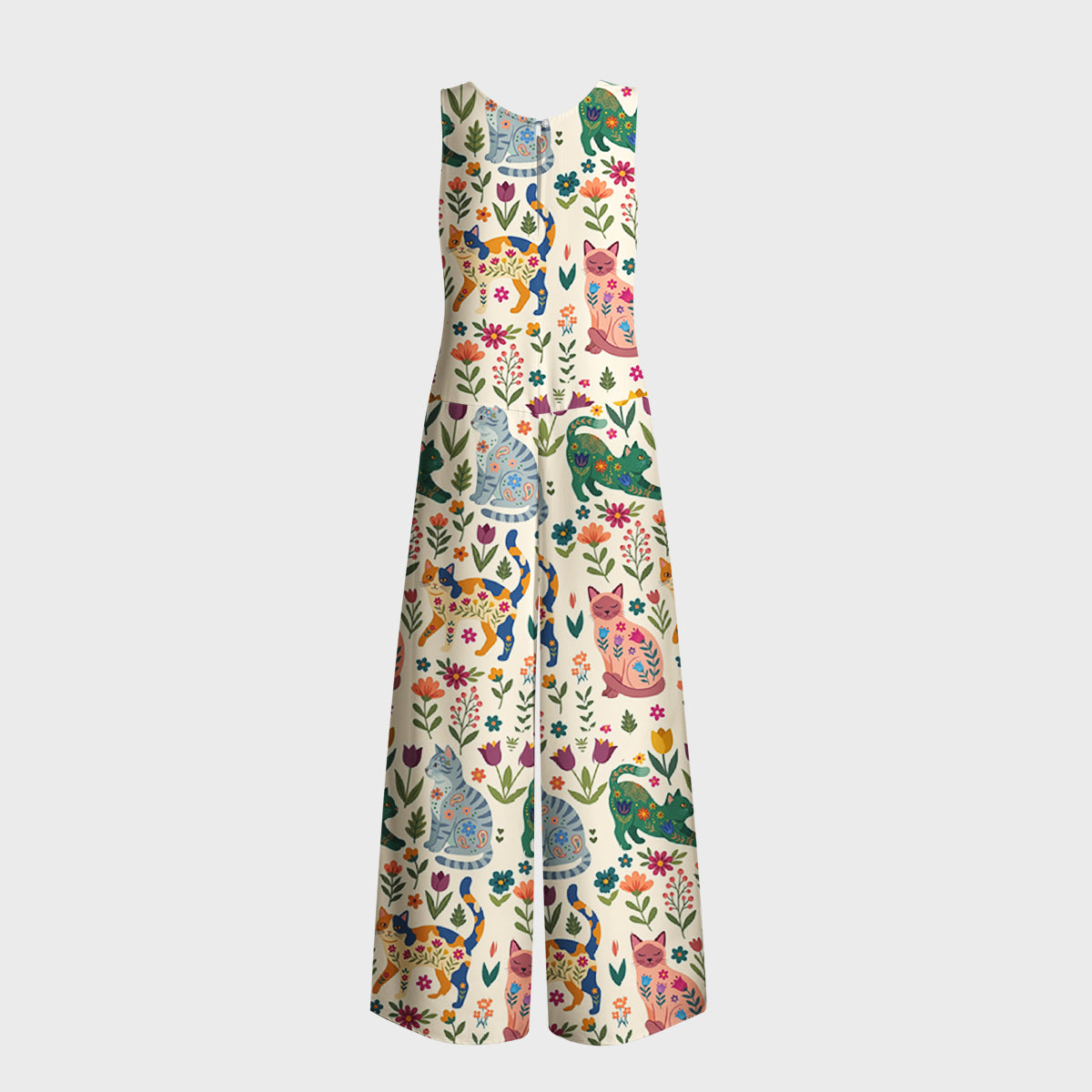 Cute Flower Cat Print Boho Jumpsuit with Pockets for Women