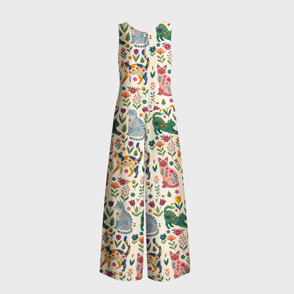 Cute Flower Cat Print Boho Jumpsuit with Pockets for Women