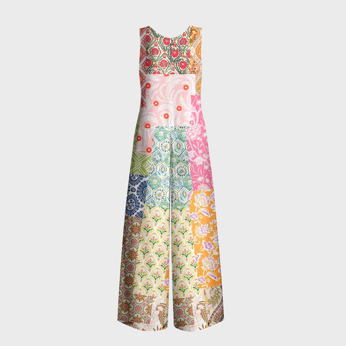 Colorful Bohemian Patchwork Print Boho Jumpsuit with Pockets for Women