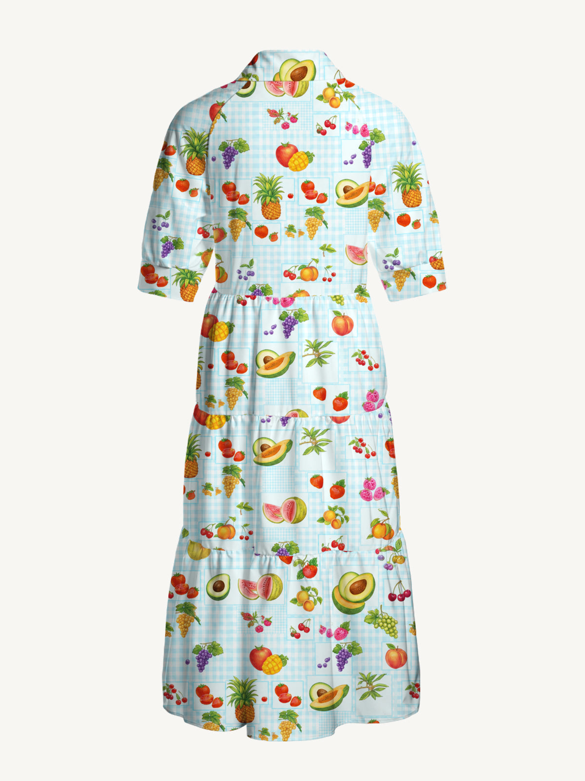 V Neck Collared Tropical Fruit Party Print Casual Midi Dress With Pockets