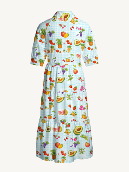 V Neck Collared Tropical Fruit Party Print Casual Midi Dress With Pockets