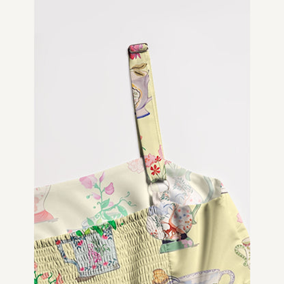 Colorful Flower Vase Print Wide Straps Maxi Dress With Pockets