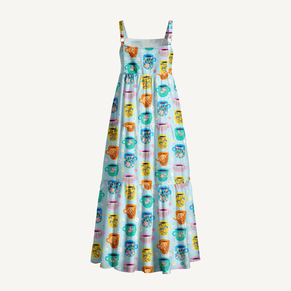 Colorful Hand-Drawn Teacup Print Wide Straps Maxi Dress With Pockets