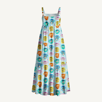 Colorful Hand-Drawn Teacup Print Wide Straps Maxi Dress With Pockets