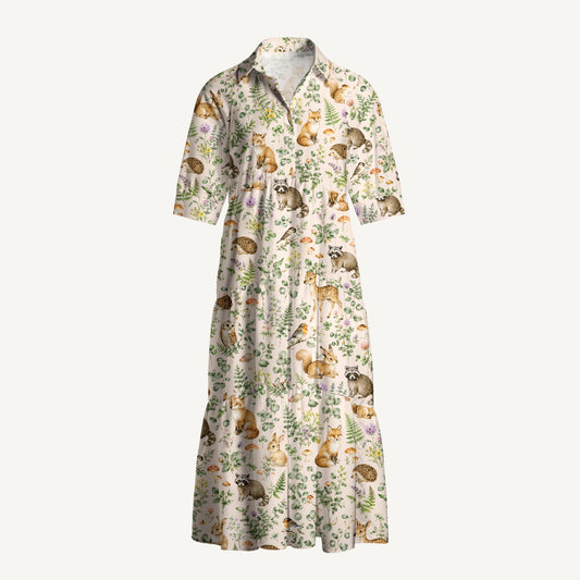 V Neck Collared Woodland Creatures Blush Print Casual Midi Dress With Pockets