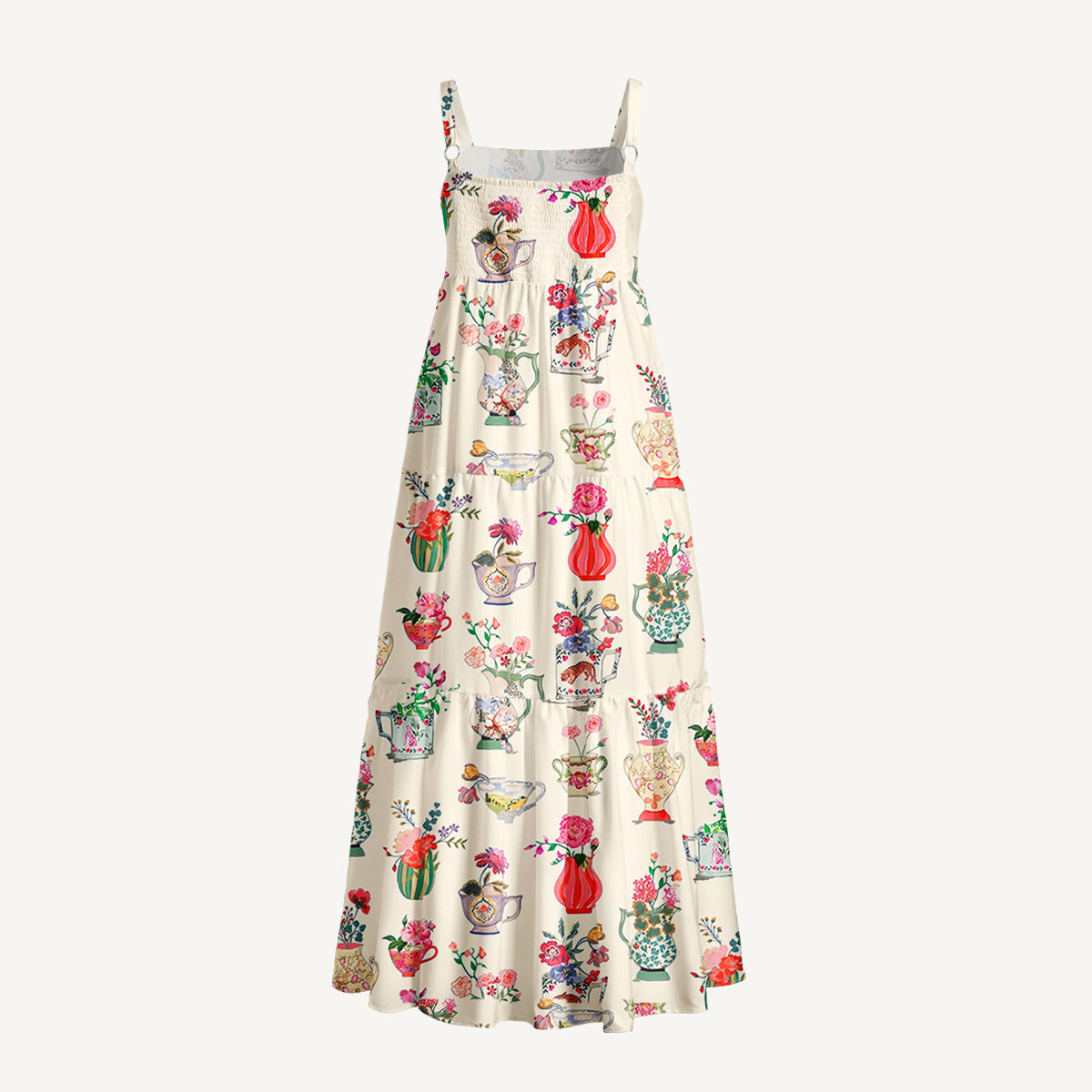 Colorful Flower Vase Print Wide Straps Maxi Dress With Pockets