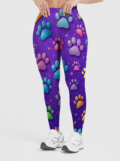 Vintage Glitter Pastel 3D Paw Print Kids Leggings