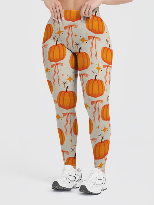 Vintage Watercolor Pumpkin Pink Bow Retro Star Leggings