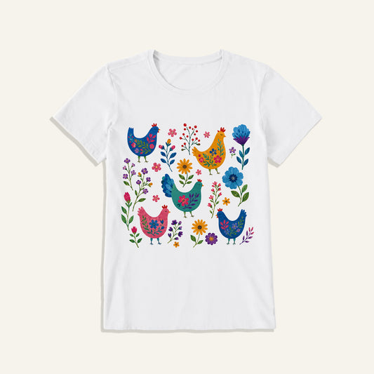 Colorful Folk Hens Print Crew Neck Cotton Tee